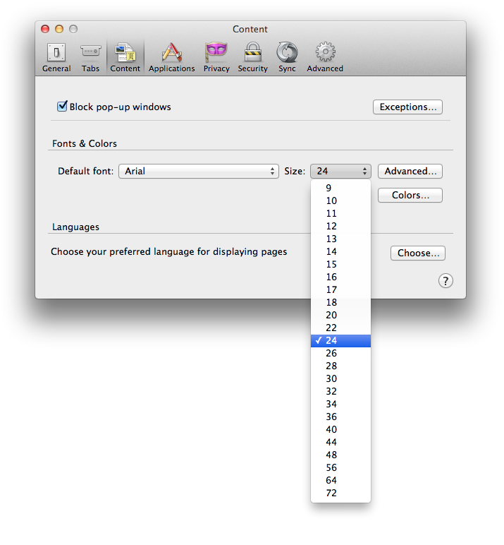 Screen shot of Firefox preferences dialog