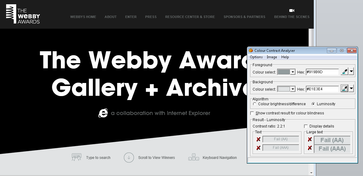 click for a larger image Screen shot of the Webby Awards website, with Colour Contrast Analyser showing FAIL results