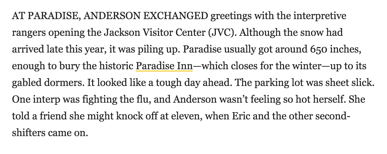 Screen shot of a paragraph from Outside article, with a links to Paradise Inn underlined in a solid yellow line